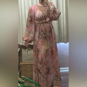 Floral Long Sleeve Twist Front Maxi Dress - Lavender Pink